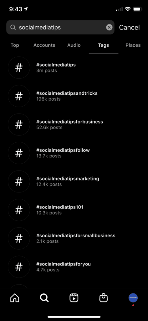 marketing tips hashtag search results example screenshot